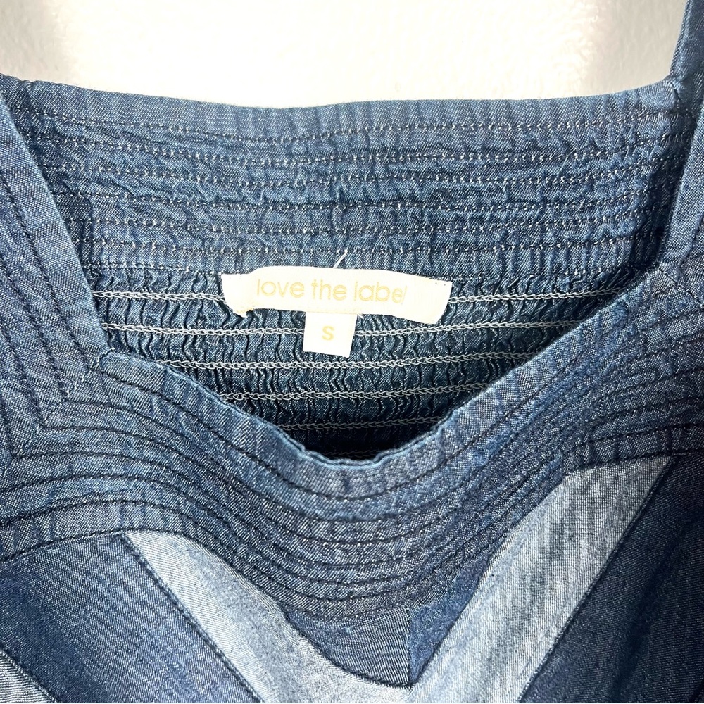 Anthropologie Love The Label Denim Patchwork Puff-Sleeve Smocked Top Small - Picture 5 of 6